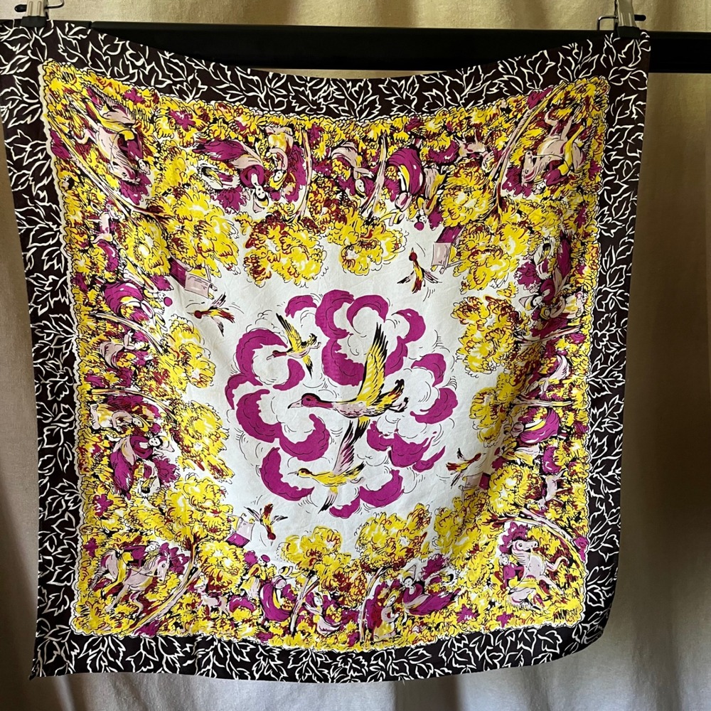 Vintage Scenic Novelty Print Scarf Pink Yellow Birds & Trees 26x26